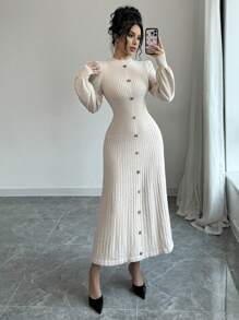 Elenzga Elegant Apricot Lantern Sleeve Waisted Long Sweater Dress, Spring/Autumn - Apricot - View 6