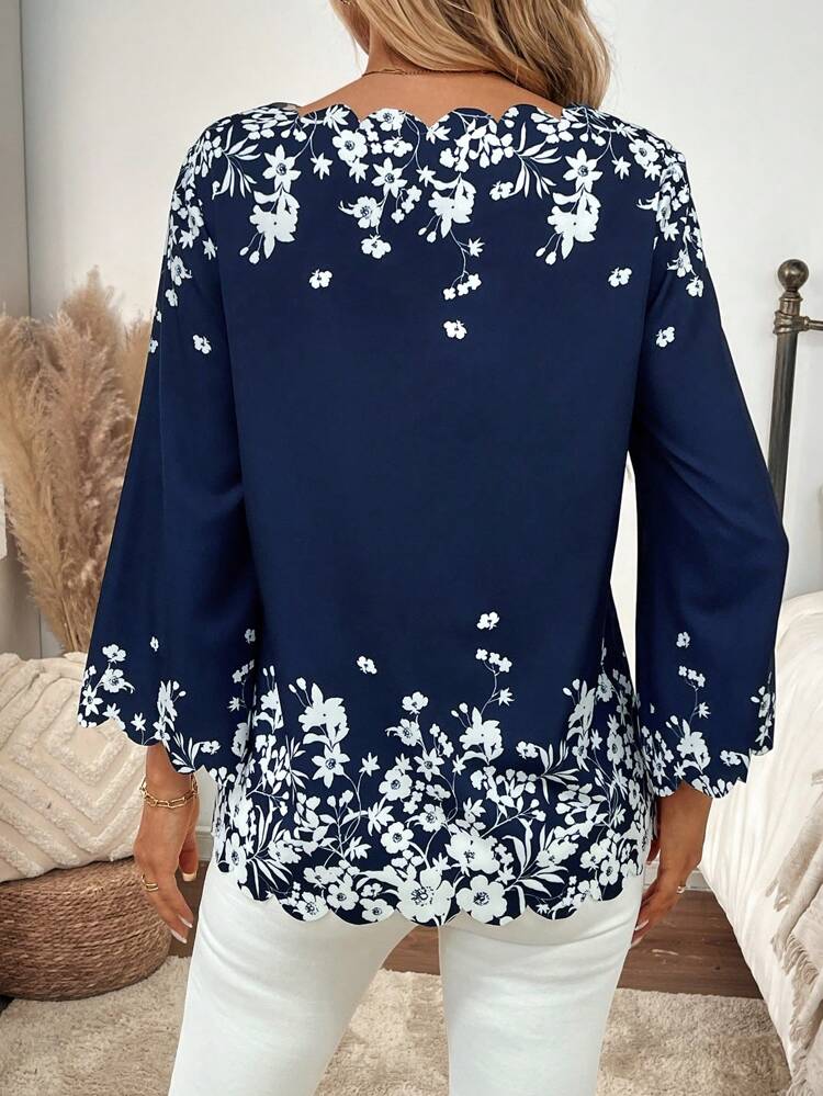 Women's Floral Print V-Neck 3/4 Sleeve Loose Blouse,Long Sleeve Tops