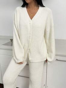 SHEIN Essnce 2pcs Women's Casual Solid Color Lantern Sleeve Cardigan And Pants Set, Autumn - White - View 6