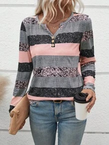 EMERY ROSE Women's Casual V-Neck Long Sleeve Striped Button T-Shirt With Random Print, Autumn Graphic Tees Women Tops For Spring Fall For Women - Multicolor - View 3