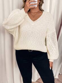 SHEIN VCAY Plus Size V-Neck White Sweater With Special Textured Yarn,Floral Knit Sleeve,Autumn Smart Casual Everyday Elegant Woman Clothing For Winter,Parties - White - View 1