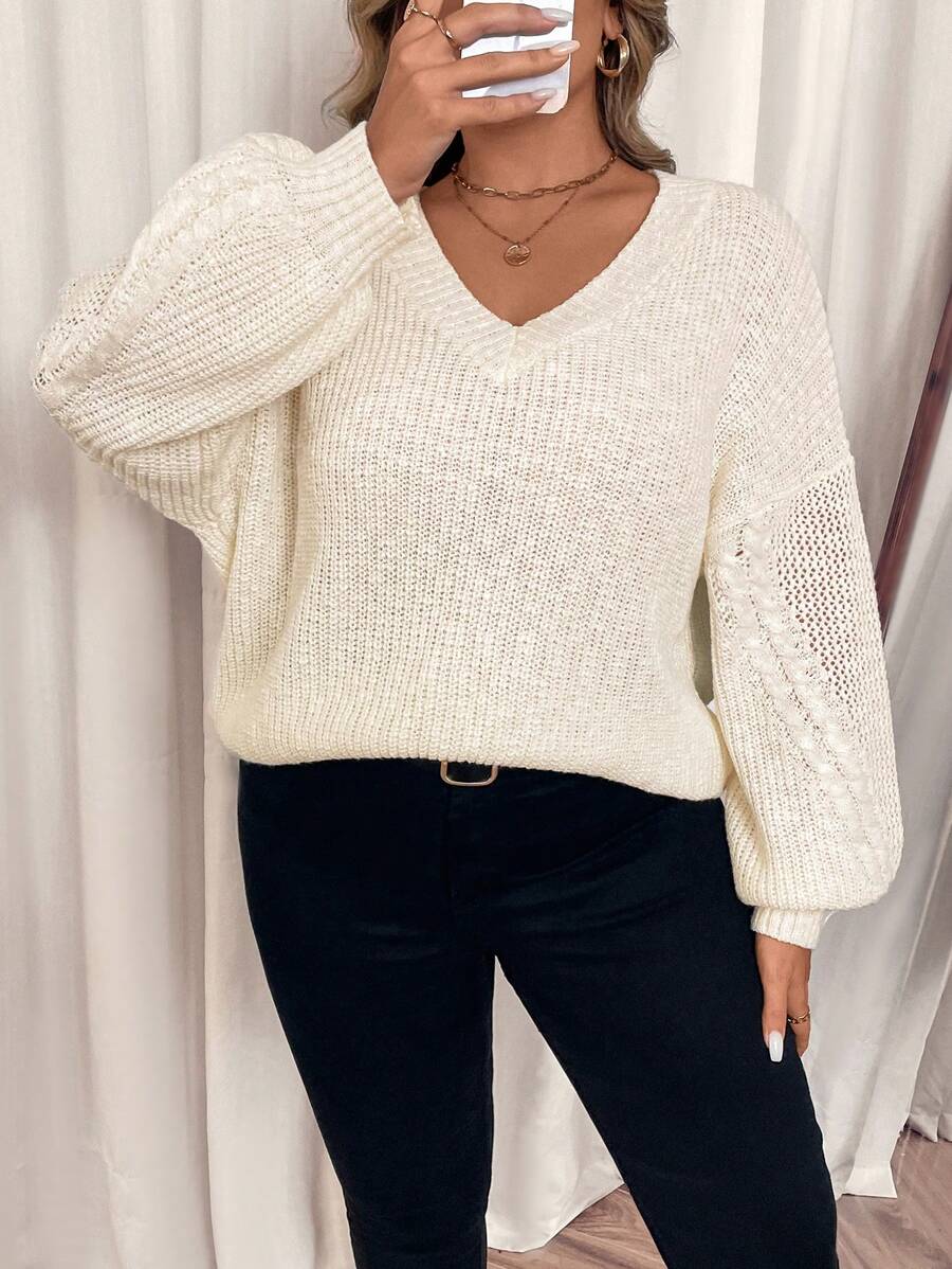 SHEIN VCAY Plus Size V-Neck White Sweater With Special Textured Yarn,Floral Knit Sleeve,Autumn Smart Casual Everyday Elegant Woman Clothing For Winter,Parties - White - View 1