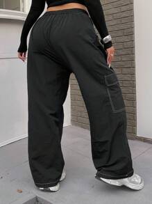 Flirla 加大码弹力腰带抽绳撞色口袋工装裤