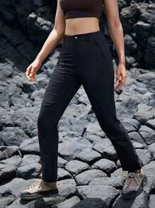 In My Nature Pantaloni de drumeție casual pentru femei, de culoare solidă, cu buzunar cu fermoar în față - Negru - Vizualizare 6