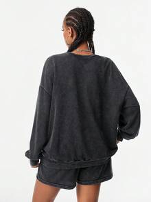 SHEIN EZwear Áo nỉ và quần short Coolane Streetwear Casual Washed Drop Shoulder - màu đen - Xem 2