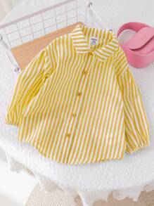 SHEIN LMoss Kids Chemise à manches longues rayée, mignonne et polyvalente pour bébé fille, pour l'extérieur et les vacances