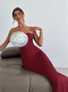 SHEIN Privé 女士优雅派对/海滩/浪漫约会/婚礼花卉装饰露肩连衣裙（夏季） - 酒紅色 - 查看 4