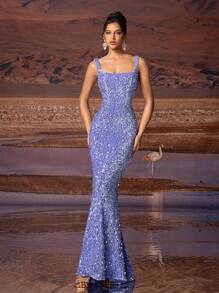 AOSHABABI <Kiểu dáng cổ điển vượt thời gian, tái hiện vẻ thanh lịch của thời đại Herben> Đầm dạ hội dáng đuôi cá bằng nhung đính sequin cổ vuông màu xám cổ điển, phù hợp cho mọi dịp trang trọng, dự đám cưới, lễ hội âm nhạc, tiệc tùng, dạ hội, hẹn hò, kỳ nghỉ, vũ hội và đầm phù dâu, đầm dự tiệc mùa xuân. - Màu tím - Xem 9