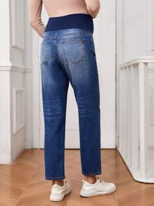 SHEIN Maternity Contrast Patchwork Straight Leg Jeans - Medium Wash - View 2
