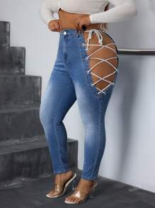 SHEIN SXY Plus Size Women Denim High Waist Elastic Rope Side Tie Detail Skinny Pants - Medium Wash - View 3