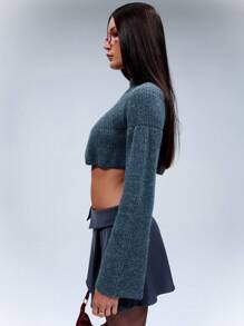 TypaGal Top corto con cuello alto de punto y puños acampanados, otoño e invierno - Gris - Ver 6