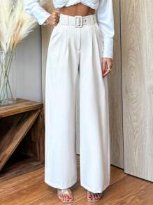 RueChic Pantalones rectos de cintura alta de unicolor para mujer con detalle de cinturón - Beis - Ver 3