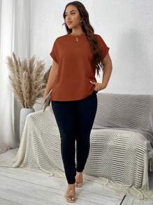 SHEIN LUNE Plus Size Solid Color Round Neck Short Sleeve Casual Top - Rust Brown - View 3