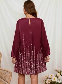 SHEIN LUNE Đầm cổ tròn tay dài họa tiết ngôi sao cỡ lớn cho nữ, mặc thường ngày và ngày lễ, váy lấp lánh - Màu Đỏ Sâu - Xem 2