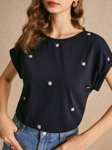 Poéselle Summer Navy Blue Cotton Casual Embroidered Cotton T-Shirt, Loose Version Wear Comfortable And Breathable, Small Lemon Embroidered T-Shirt, Suitable For Daily Commuting Holiday Home Wear