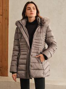 Anewsta Dames getailleerde taille taille middellange verwijderbare bontkraag & capuchon jas, Khaki