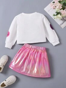 SHEIN Explorewe 年轻女孩 Y2K 风格彩色笑脸图案运动衫和金属粉色褶皱迷你裙 2 件套服装，适合秋季、冬季、日常穿着、派对、运动、街头装 - 白色 - 查看 2
