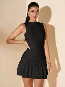 SHEIN BAE 女士纯色无袖褶饰迷你吊带裙，分层