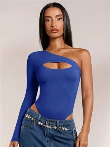 SHEIN BAE Women's Solid Color Hollow Sexy Asymmetrical Bodysuit, Spring Summer - Royal Blue - View 5