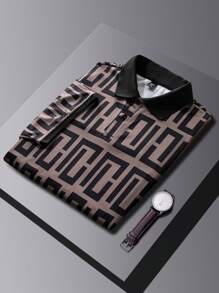 Manfinity Mode Men's Plus Size Casual Geometric Pattern Short Sleeve Casual Commute Polo Shirt, Summer, Going Out Brown Polo For Men