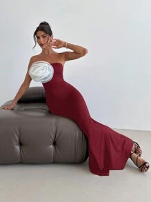 SHEIN Privé 女士优雅派对/海滩/浪漫约会/婚礼花卉装饰露肩连衣裙（夏季） - 酒紅色 - 查看 6