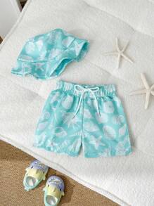 婴儿男孩海洋动物印花泳衣（带泳裤和泳帽） - 薄荷綠 - 查看 1