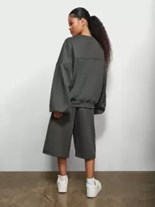 SUMWON WOMEN Oversized Crew Neck Drop Shoulder Balloon Sleeve Sweatshirt And Wide Leg Jort 2 Piece Set - Dark Grey - View 2