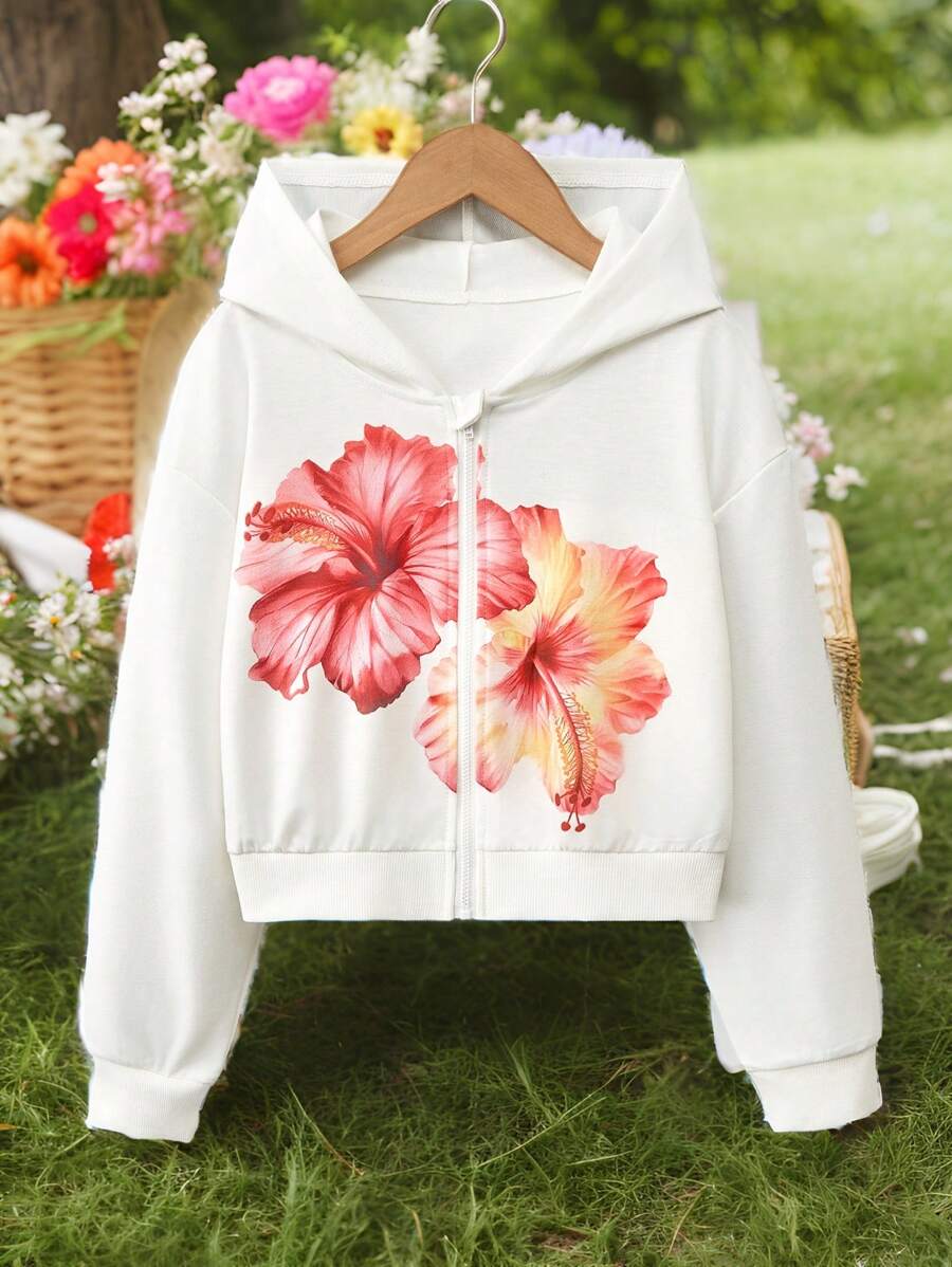 Áo nỉ hoa cho bé gái tuổi teen, kiểu dáng thường ngày, màu trắng cơ bản. - trắng - Xem 1