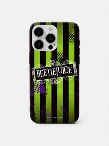 Beetlejuice X SHEIN Letter & Contrast Stripe Print Phone Case,Compatible With IPhone - Black - View 2
