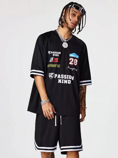 Manfinity NXTstreet 2pcs Men's Crew Neck Striped Letter Print Splice Short Sleeve T-Shirt And Front Tie Shorts Casual Suit