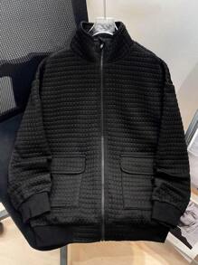 SHEIN 1pc Tween Boys' Textured Stand Collar Jacket, Suitable For Casual, Outdoor, Sports, And School Occasions In Autumn And Winter Seasons
