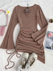 Soleia Vestido mini entallado con dobladillo asimétrico, manga de globo con volantes, decoración floral de punto de textura color caramelo, cordón lateral, uso de vacaciones, otoño