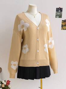 Soleia Plus Size Women V-Neck Button Front Loose Floral Textured Cardigan In Beige And White - Khaki - View 3