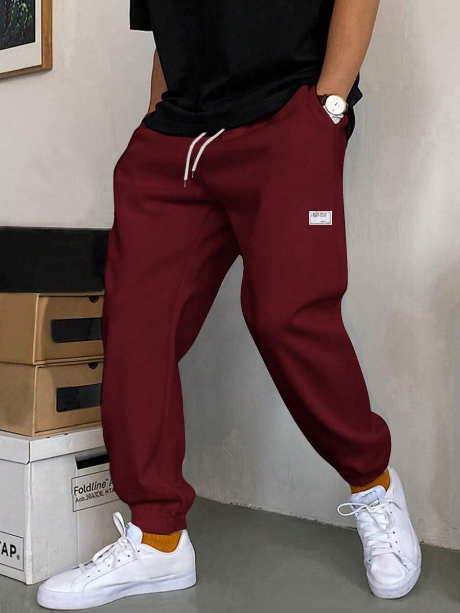 RueChic Men's Drawstring Waist Jogger Pants With Letter Applique - Burgundy - View 1