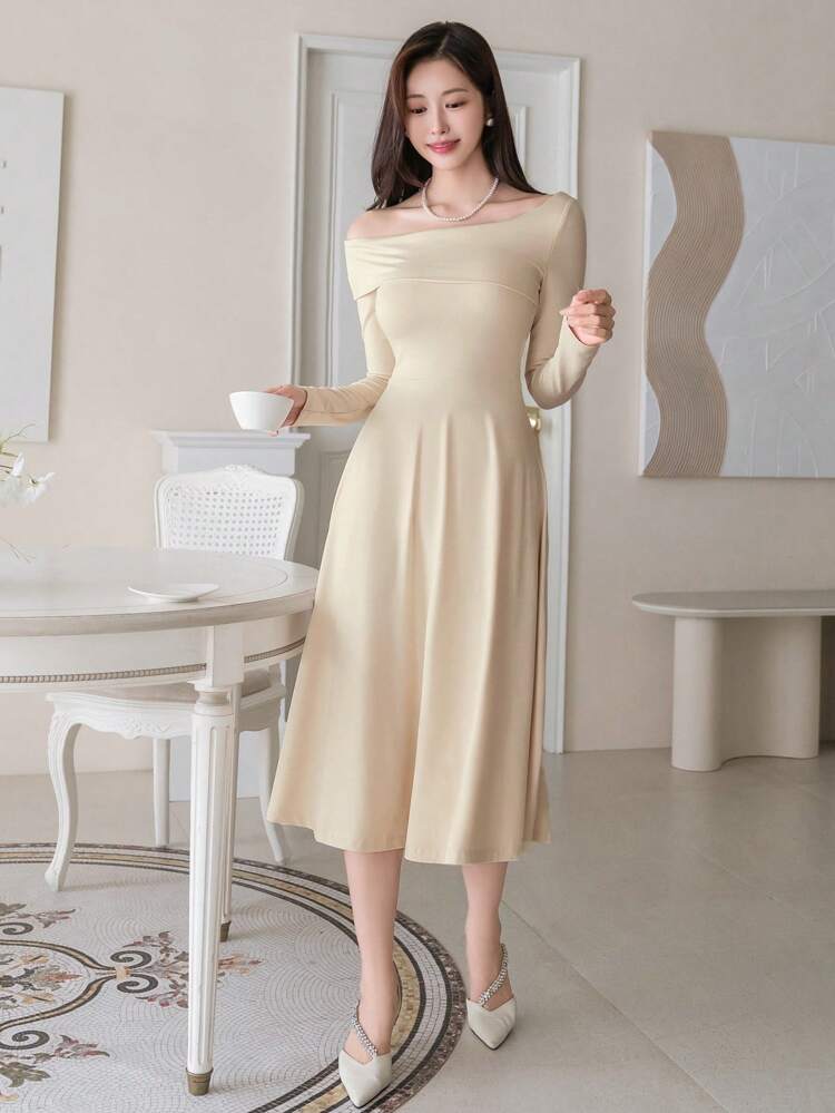 Women's Solid Color Off-Shoulder Long Sleeve Dress,Fall Clothes