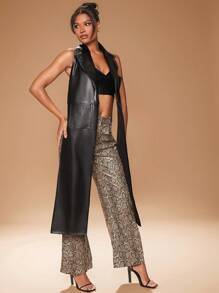 Hauture 女士简约 PU 皮革背心，无袖，纯色，时尚 - 黑色 - 查看 4