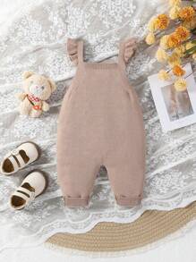 SHEIN 1 件装女婴卡通提花毛衣带围兜，荷叶边袖，粉色，休闲时尚，春秋 - 棕色 - 查看 2