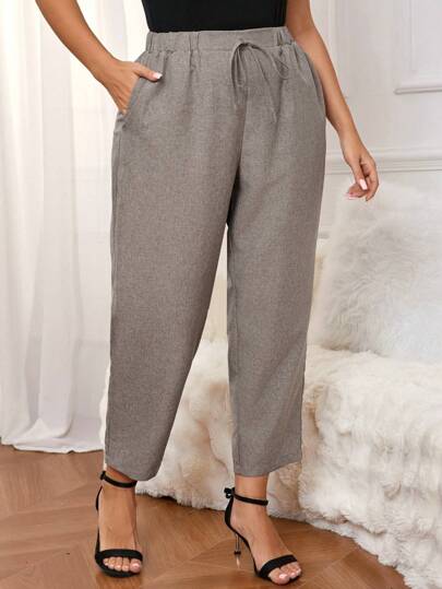 SHEIN Frenchy Plus Size Solid Color Casual Trousers With Elastic Waist And Diagonal Pockets