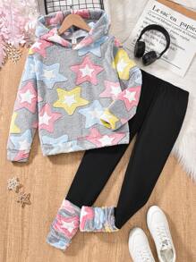 2 件 Tween Girl Star 毛茸茸动物耳朵连帽衫和拼色紧身裤休闲保暖冬季服装 - 彩色 - 查看 4