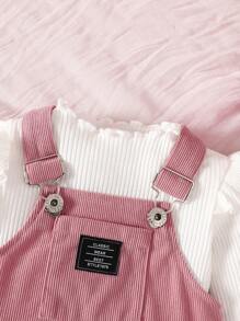 2pcs/Set Baby Girls Spring Summer Solid Color Round Neck Long Sleeve Ruffle Splice Top & Letter Print Suspender Skirt Casual Outfit