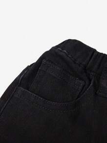 SHEIN 年轻男孩万圣节服装骷髅手图案刺绣设计直腿黑色牛仔裤，适合年轻男孩校服和家居服 - 黑色 - 查看 4