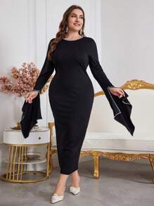 Modelyn 大码女式圆领喇叭袖长款褶饰修身优雅连衣裙 - 黑色 - 查看 6