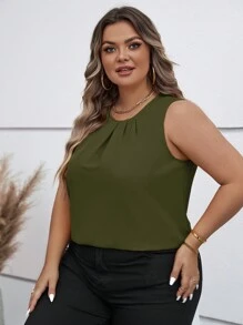SHEIN Clasi Plus Size Women's Summer Solid Color Round Neck Ruched Sleeveless Casual Blouse - Army Green - View 7