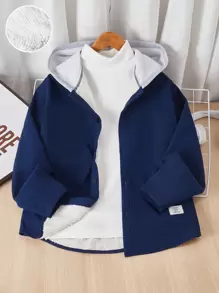 SHEIN 1pc Teen Boys' Casual, Comfortable, Fashionable, Simple, Versatile, Hooded, Zipper-Front, Composite Plush-Lined, Color-Block, Medium-Thick Jacket Made Of Corduroy, Suitable For Everyday Wear, School, Travel, Sports, Mountain Climbing, Autumn & Winter Seasons