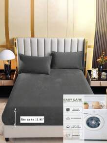 3pcs Solid Fitted Sheet Set, 1pc Fitted Sheet And 2pcs Pillow Case, Pillow Insert Not Include, Dark Grey Fabric Bed Sheet Set, For Bedroom - Dark Grey - View 8