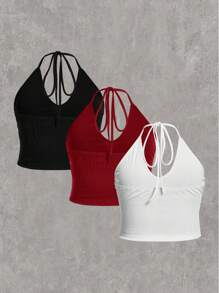 SHEIN EZwear 大码女式休闲针织挂脖背心，夏季 - 玫瑰紅 - 查看 2