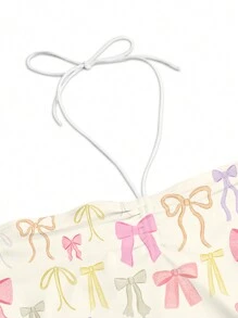 Duchess Plum Artist Y2K Women Bow Print Crop Halter Top, Holiday, Vacation, Spring, Beach, Going Out, Festival, Ibiza Fits