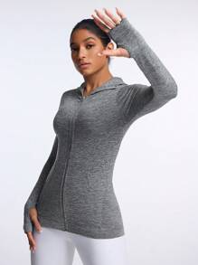 SHEIN Sports Áo thun thể thao trùm đầu cổ khóa kéo dài tay màu trơn cho nữ, mùa xuân và mùa thu - Xám - Xem 5