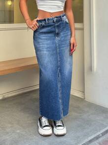RueChic Chân váy xẻ tà cổ điển 100% cotton lưng vừa - Màu xanh lam - Xem 3