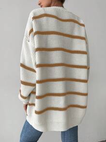 SHEIN Women's Casual Loose Contrast Stripe Open Cardigan, Autumn